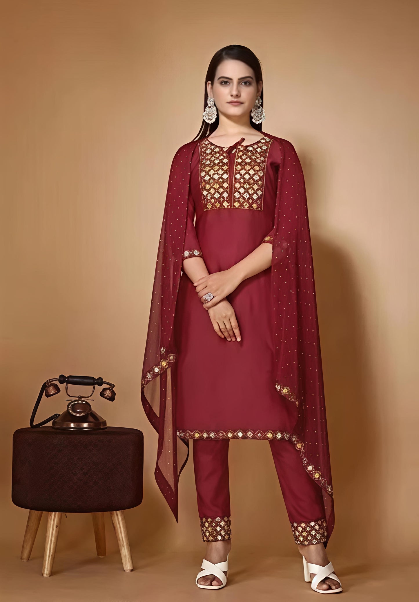 Women’s Embroidered Maroon kurta Palazzo set with dupatta
