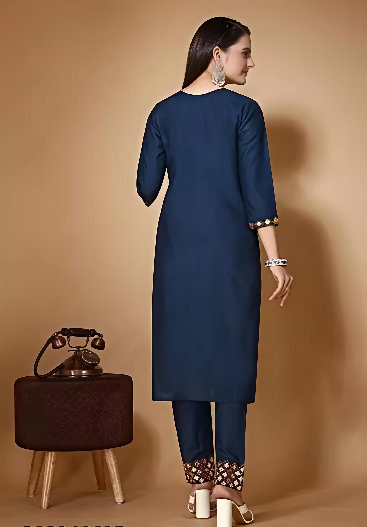 Women’s Embroidered Blue kurta palazzo set with dupatta