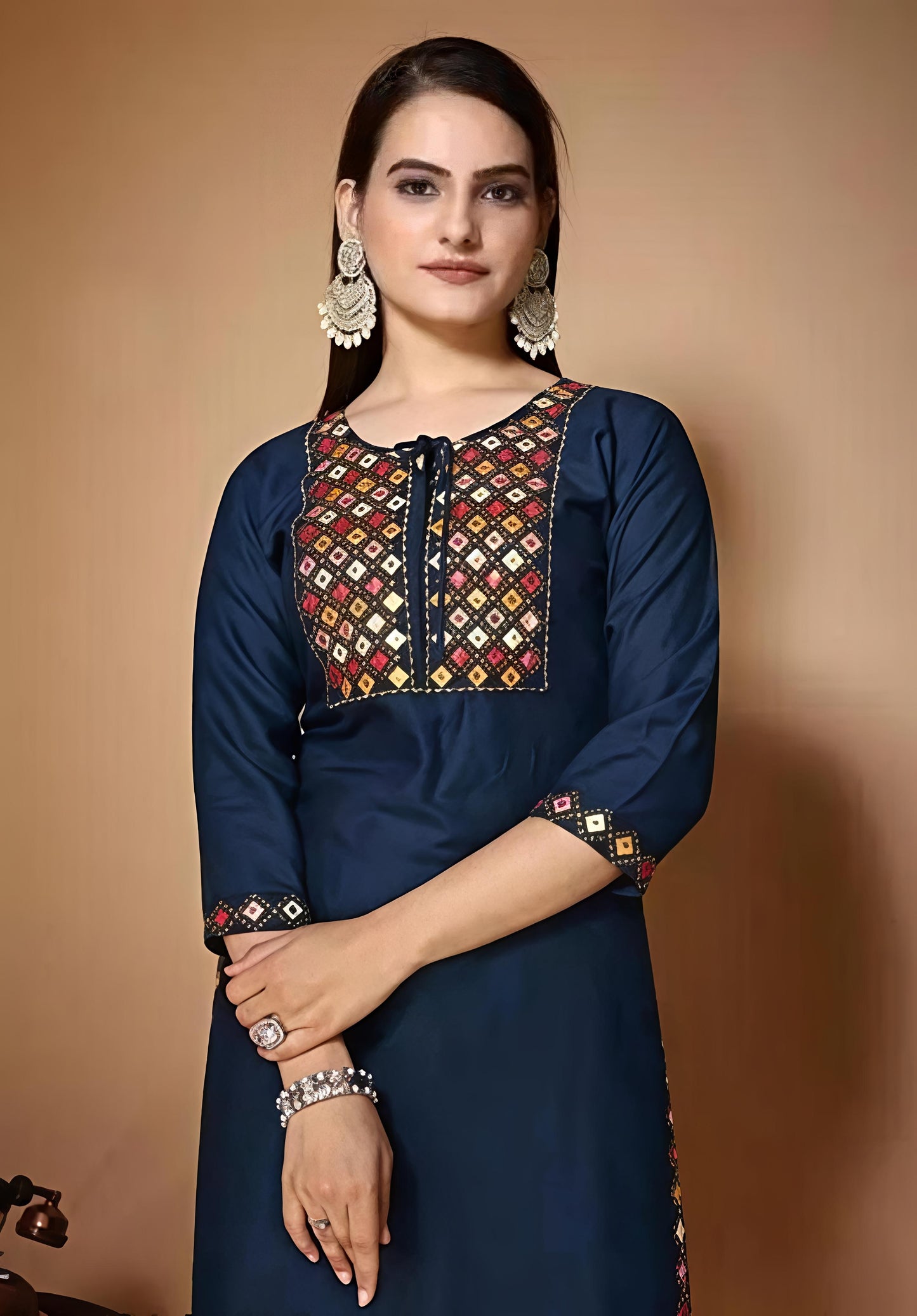 Women’s Embroidered Blue kurta palazzo set with dupatta