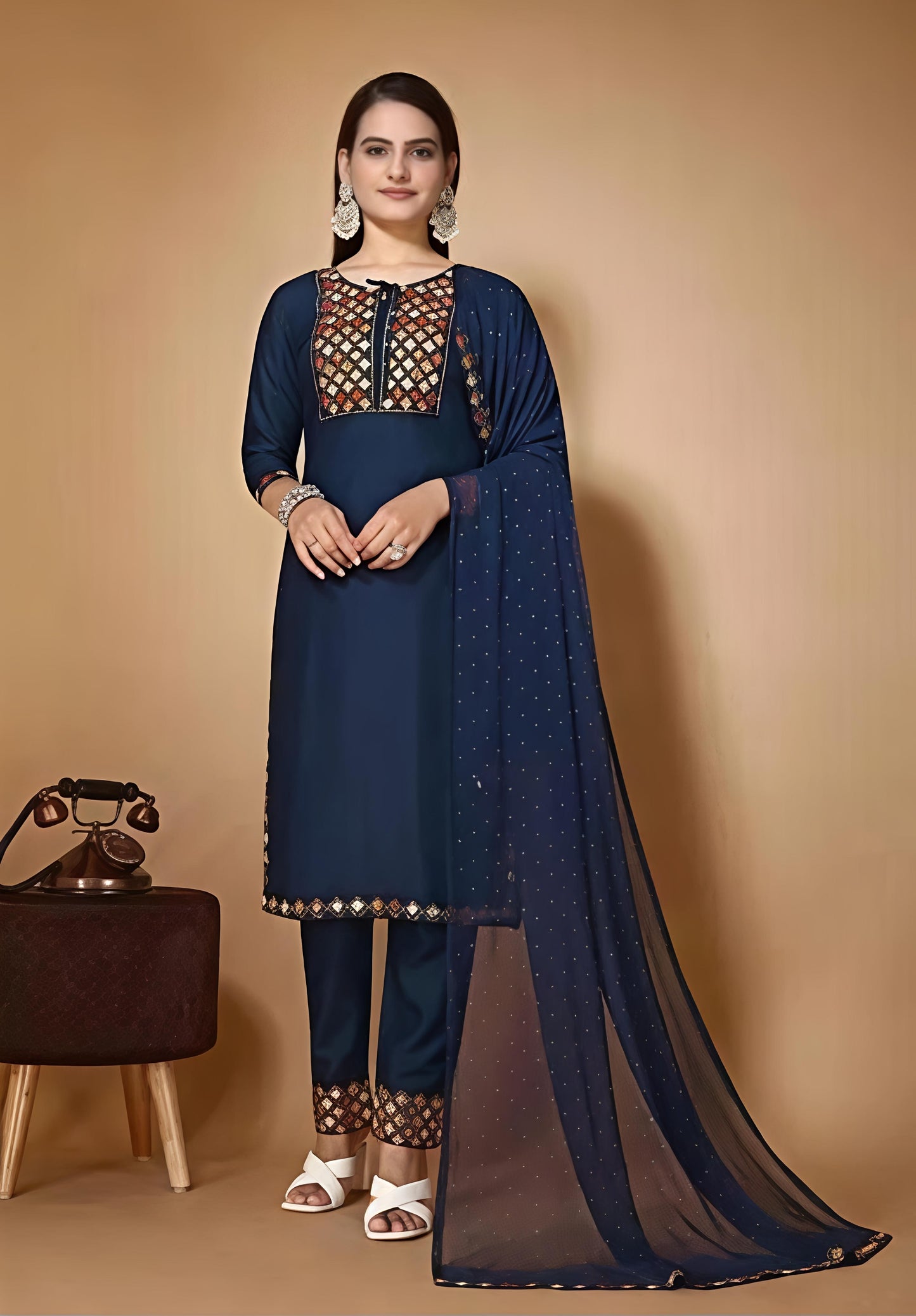 Women’s Embroidered Blue kurta palazzo set with dupatta