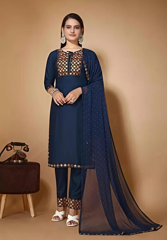 Women’s Embroidered Blue kurta palazzo set with dupatta