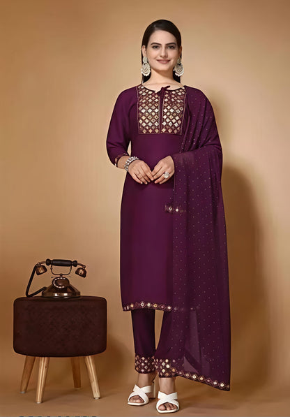 Women’s Embroidered Wine kurta Palazzo set with dupatta