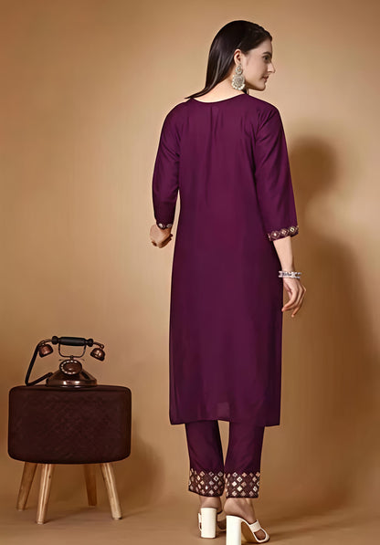 Women’s Embroidered Wine kurta Palazzo set with dupatta