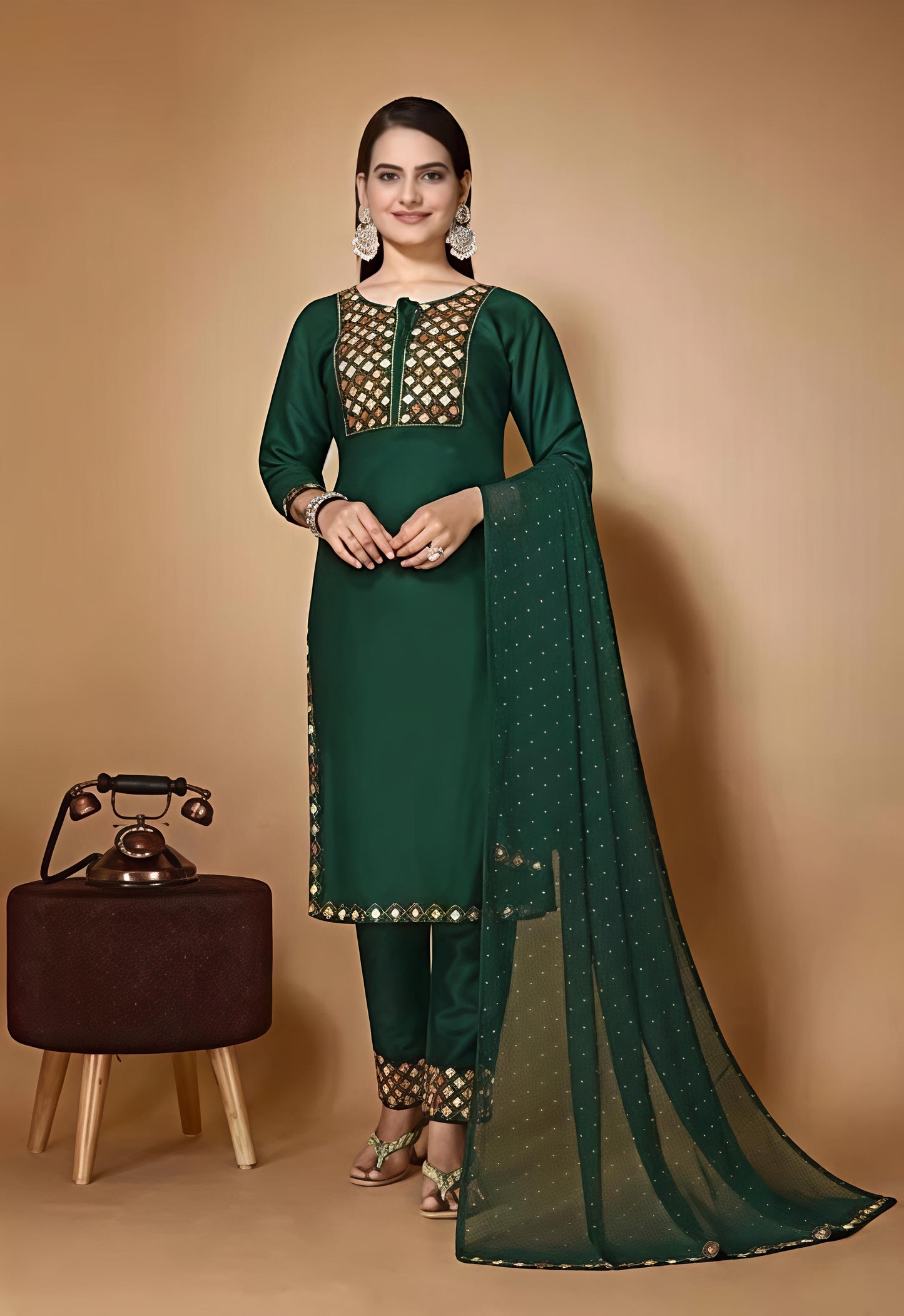 Women’s Embroidered Green kurta Palazzo set with dupatta