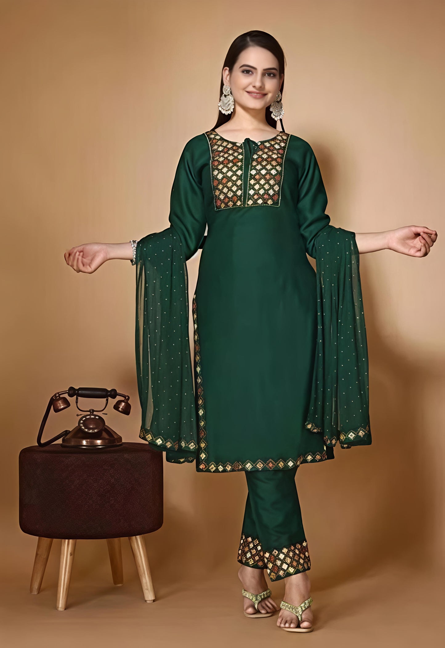 Women’s Embroidered Green kurta Palazzo set with dupatta