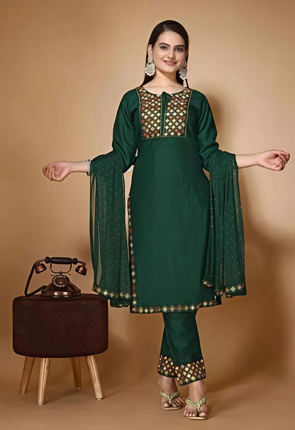 Women’s Embroidered Green kurta Palazzo set with dupatta