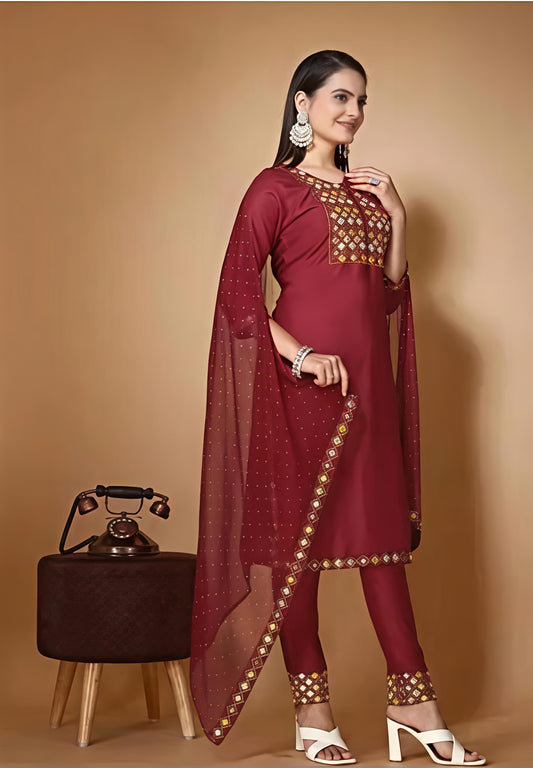 Women’s Embroidered Maroon kurta Palazzo set with dupatta