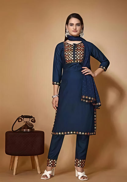 Women’s Embroidered Blue kurta palazzo set with dupatta