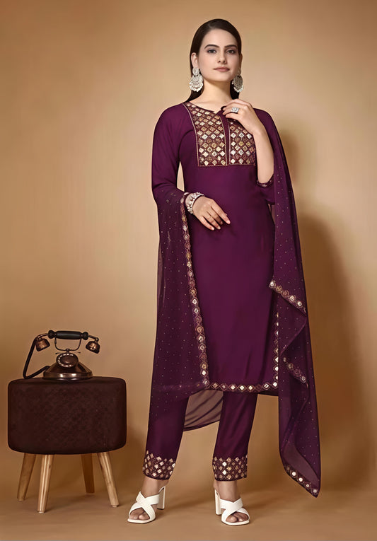 Women’s Embroidered Wine kurta Palazzo set with dupatta