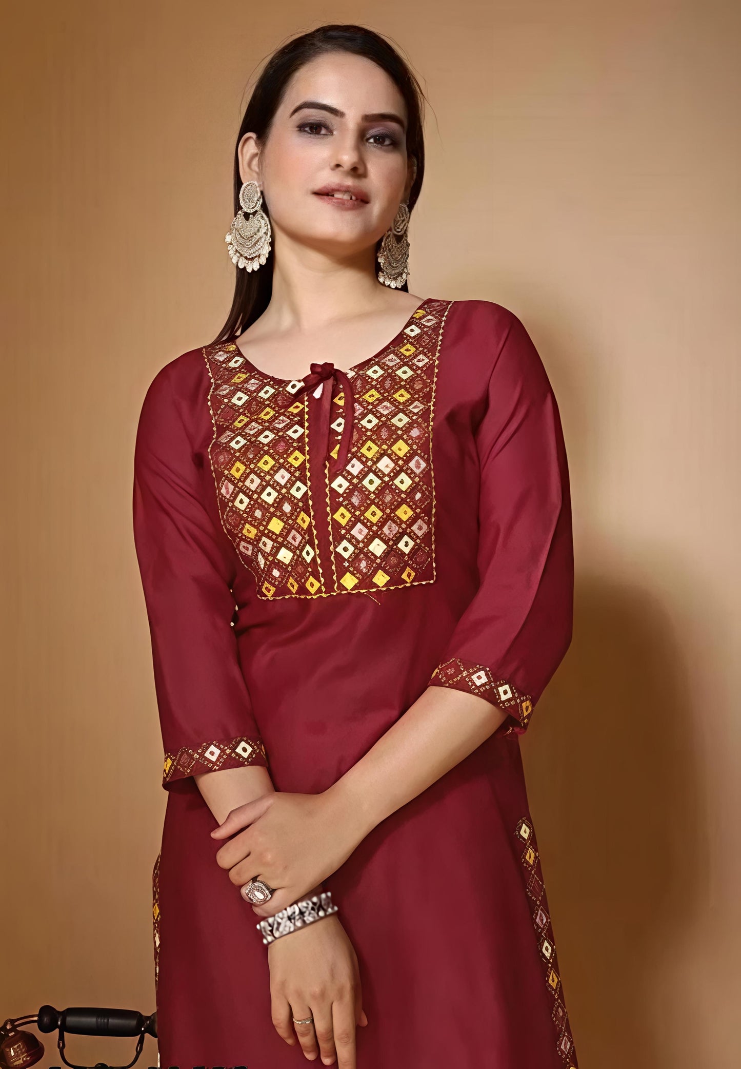 Women’s Embroidered Maroon kurta Palazzo set with dupatta