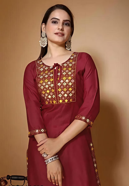 Women’s Embroidered Maroon kurta Palazzo set with dupatta