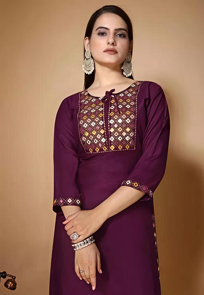 Women’s Embroidered Wine kurta Palazzo set with dupatta