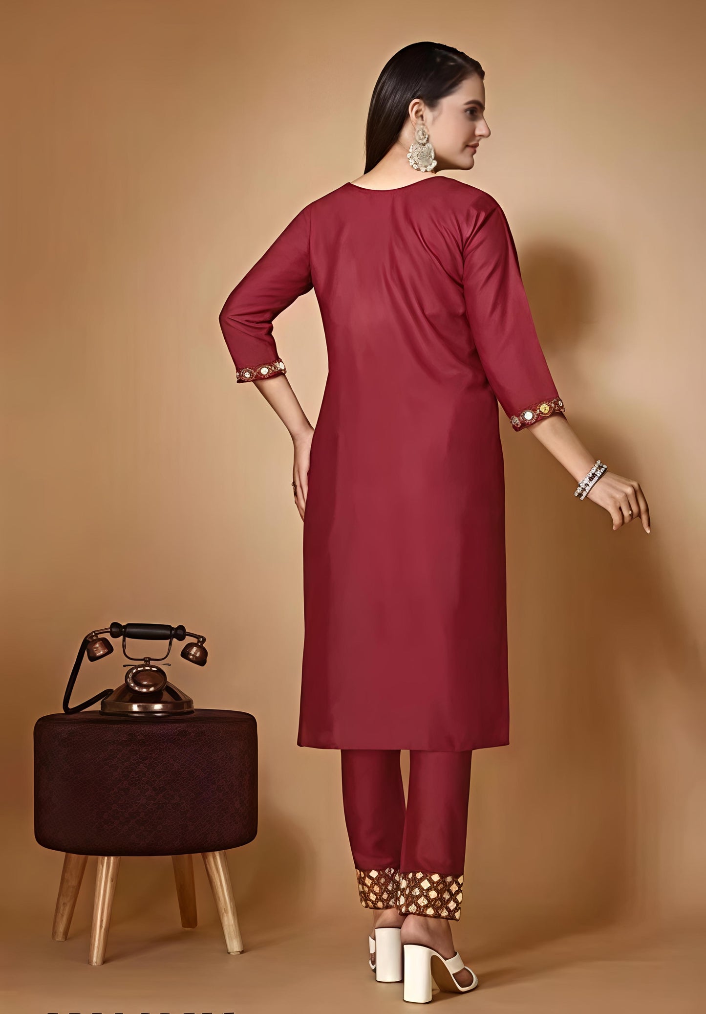 Women’s Embroidered Maroon kurta Palazzo set with dupatta