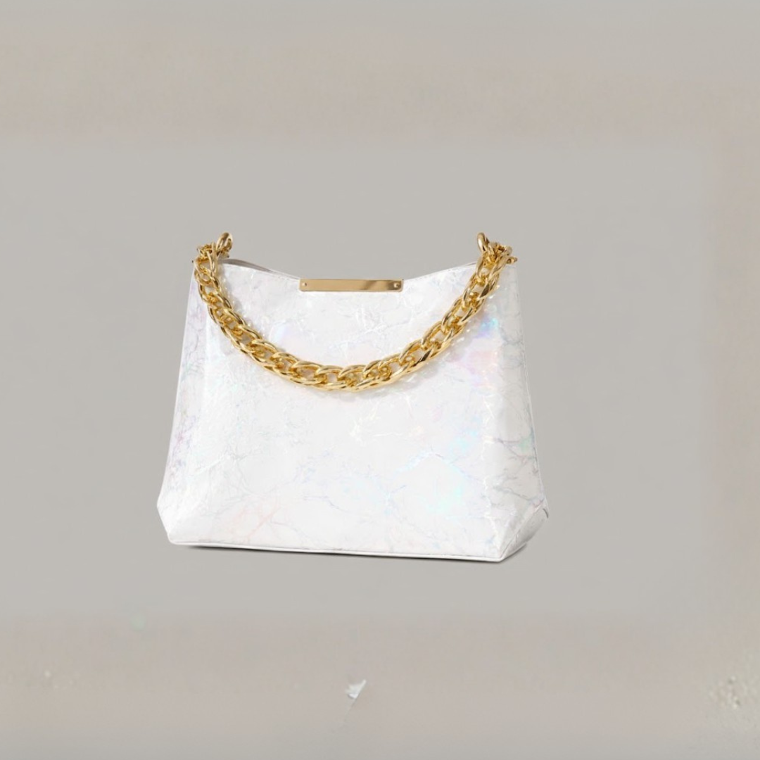 White Holographic Women’s Chain Handbag – Glossy PU Party Shoulder Bag