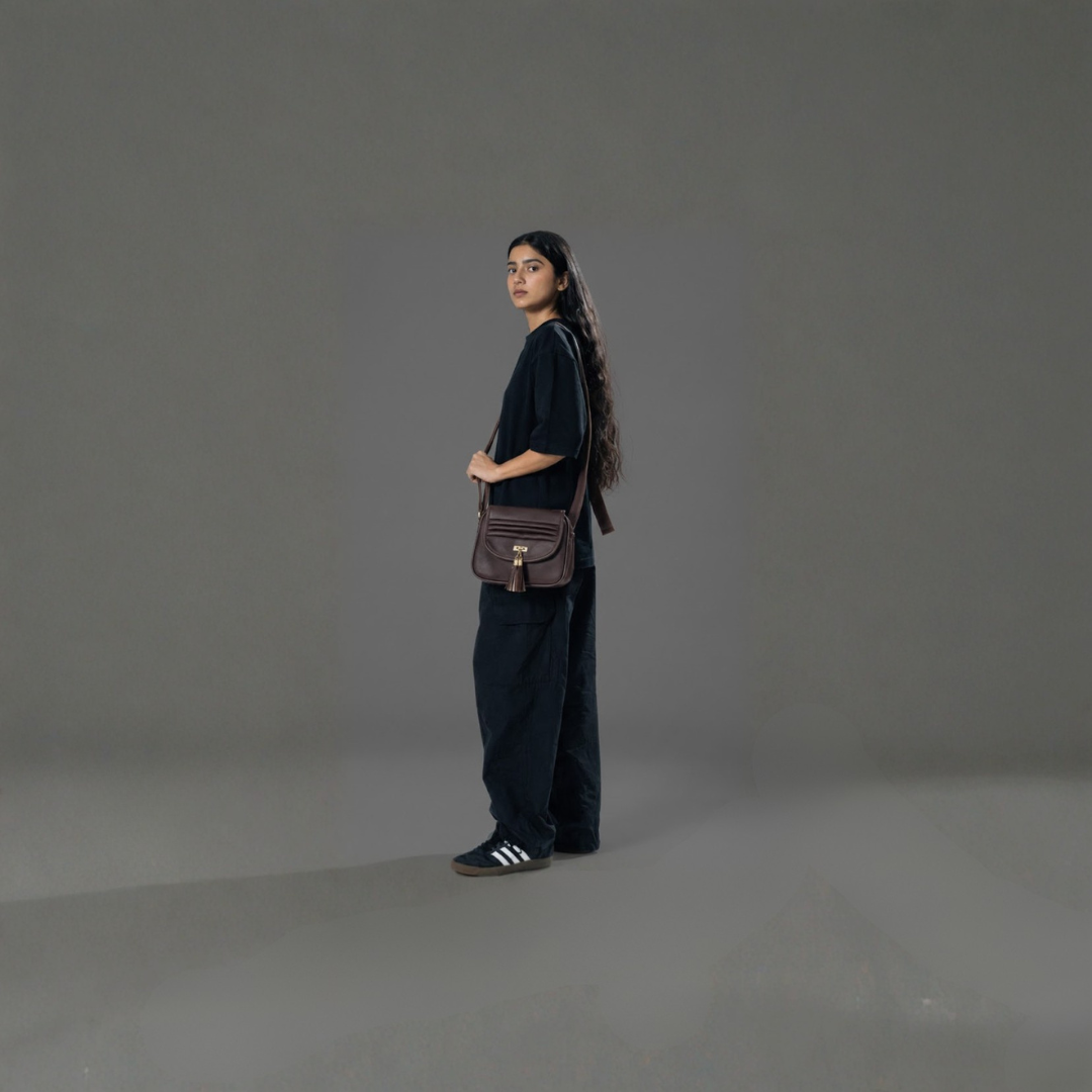 Women's Brown Compact Sling Bag with Tassel & Organizer Pockets