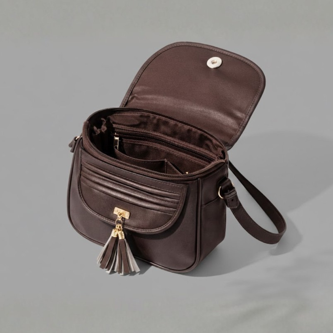 Women's Brown Compact Sling Bag with Tassel & Organizer Pockets