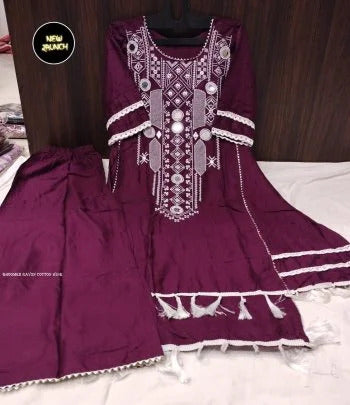 Radhika Women’s embroidered Wine kurti palazzo set