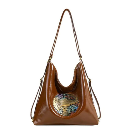Premium Handcrafted Boho Chic Leather Shoulder and Tote Bag with Artistic Embossed Motif