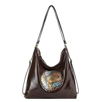 Premium Handcrafted Boho Chic Leather Shoulder and Tote Bag with Artistic Embossed Motif
