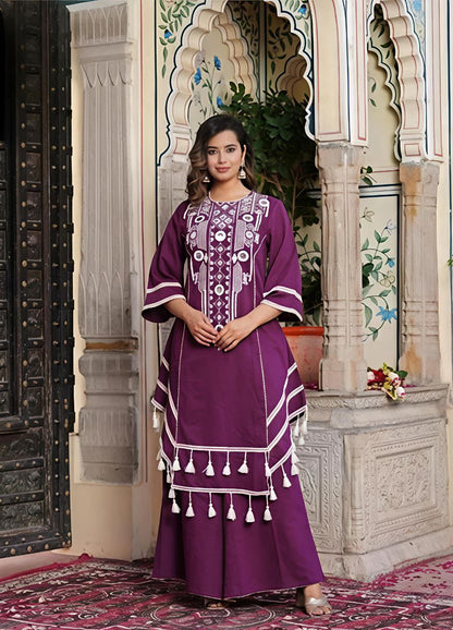 Radhika Women’s embroidered Wine kurti palazzo set