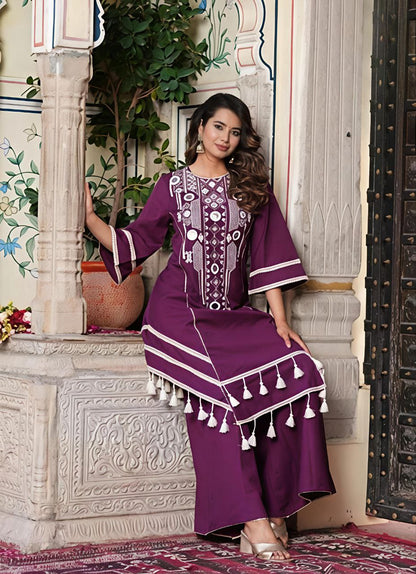 Radhika Women’s embroidered Wine kurti palazzo set