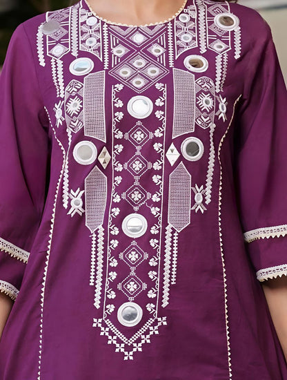 Radhika Women’s embroidered Wine kurti palazzo set