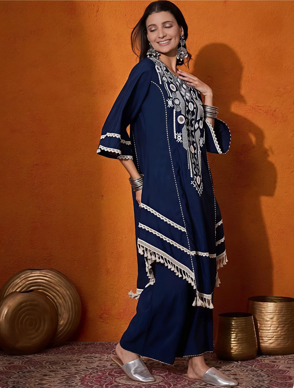 Radhika Women’s embroidered Blue kurti palazzo set