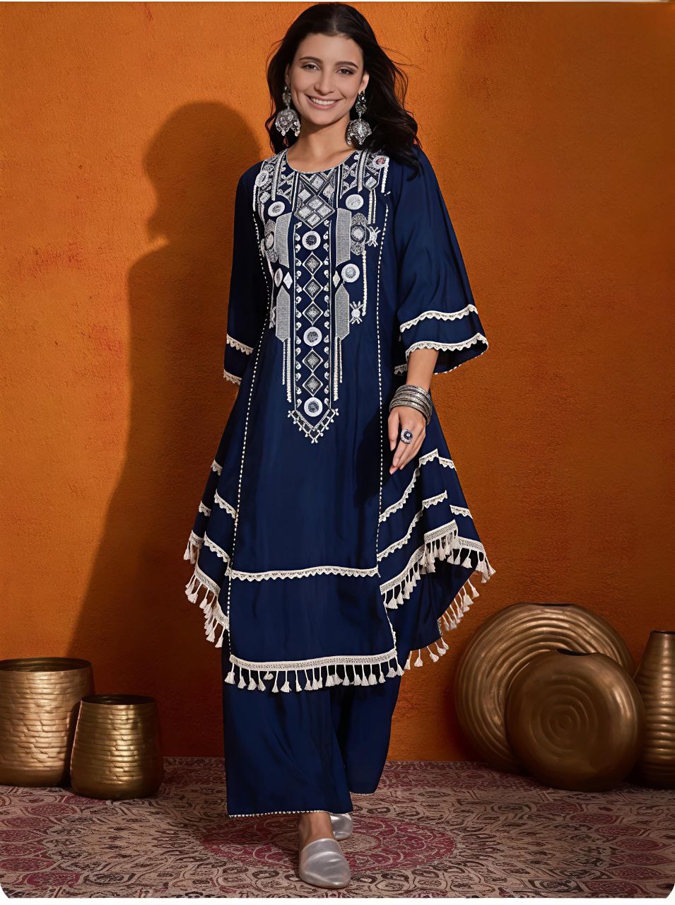 Radhika Women’s embroidered Blue kurti palazzo set